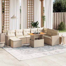 Set de sofás de jardín 9 pzas con cojines ratán sintético beige