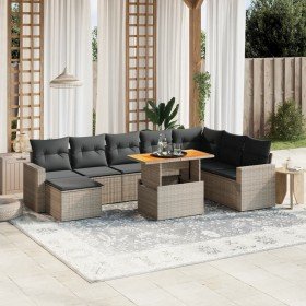 Set de muebles de jardín 9 pzas y cojines ratán sintético gris