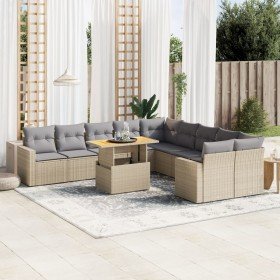 Set de sofás de jardín 11pzas con cojines ratán sintético beige