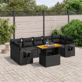 Set de sofás de jardín 8 piezas y cojines ratán sintético negro