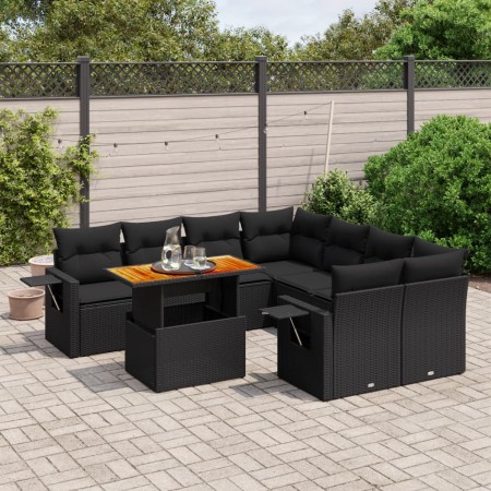 Set de sofás de jardín con cojines 9 pzas ratán sintético negro
