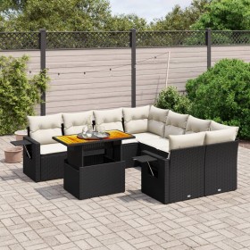 Set de sofás de jardín con cojines 9 pzas ratán sintético negro