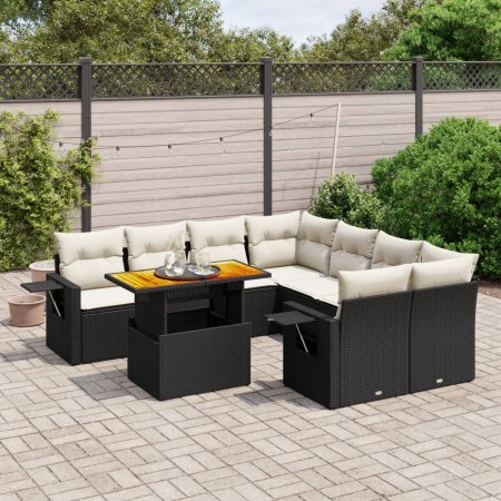 Set de sofás de jardín con cojines 9 pzas ratán sintético negro