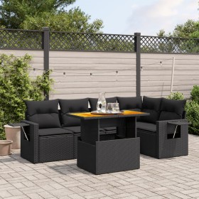 Set de sofás de jardín 6 piezas y cojines ratán sintético negro