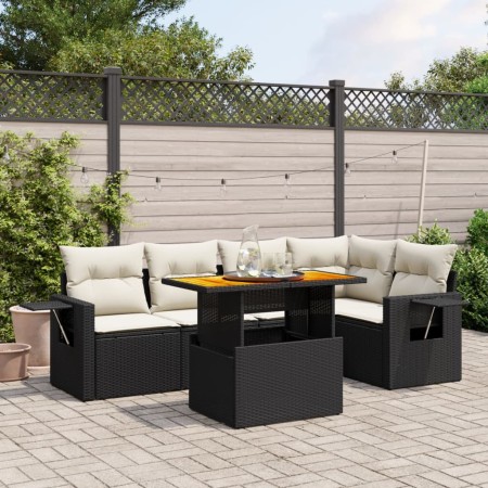 Set de sofás de jardín 6 piezas y cojines ratán sintético negro