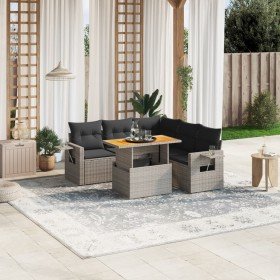 Set de muebles de jardín 6 pzas y cojines ratán sintético gris