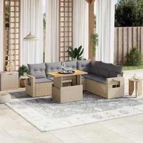 Set sofás de jardín 7 piezas y cojines ratán sintético beige