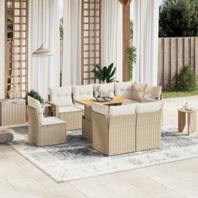 Set de sofás de jardín 9 pzas con cojines ratán sintético beige