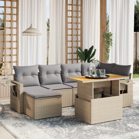 Set sofás de jardín 7 piezas y cojines ratán sintético beige