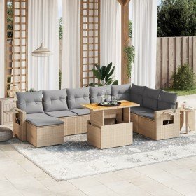 Set de sofás de jardín 9 pzas con cojines ratán sintético beige