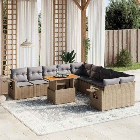 Set de sofás de jardín 11pzas con cojines ratán sintético beige
