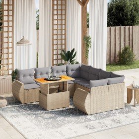 Set de sofás de jardín 9 pzas con cojines ratán sintético beige