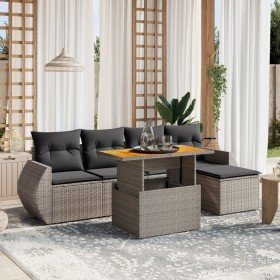 Set de muebles de jardín 6 pzas y cojines ratán sintético gris