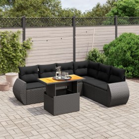 Set de comedor de jardín 7 pzas y cojines ratán sintético negro