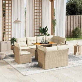 Set de sofás de jardín 9 pzas con cojines ratán sintético beige