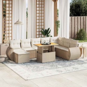 Set de sofás de jardín 9 pzas con cojines ratán sintético beige