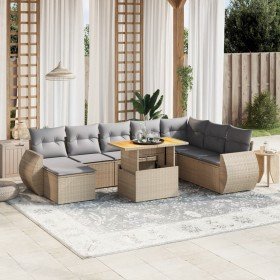 Set de sofás de jardín 9 pzas con cojines ratán sintético beige