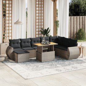 Set de muebles de jardín 9 pzas y cojines ratán sintético gris