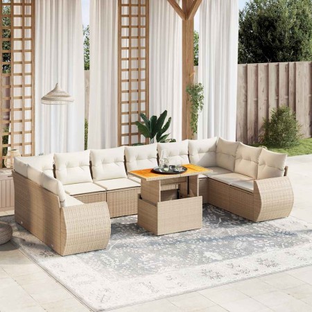 Set de sofás de jardín 11pzas con cojines ratán sintético beige