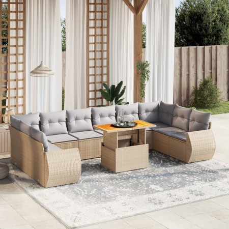 Set de sofás de jardín 11pzas con cojines ratán sintético beige