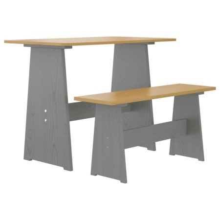 Mesa de comedor con banco REINE madera maciza pino marrón gris