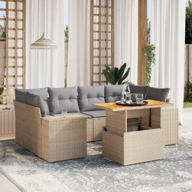 Set sofás de jardín 7 piezas y cojines ratán sintético beige