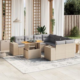 Set de sofás de jardín 9 pzas con cojines ratán sintético beige