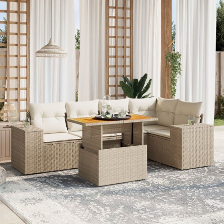 Juego de sofás jardín con cojines 6 pzas ratán sintético beige