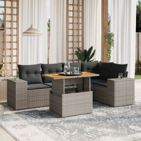 Set de muebles de jardín 6 pzas y cojines ratán sintético gris