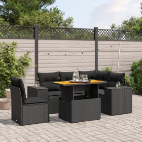 Set de sofás de jardín 6 piezas y cojines ratán sintético negro