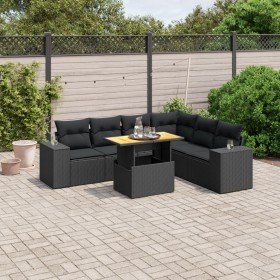 Set de comedor de jardín 7 pzas y cojines ratán sintético negro Set de comedor de jardín 7 pzas y cojines ratán sintético negro