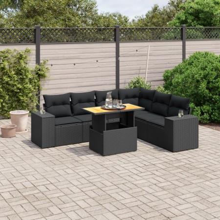 Set de comedor de jardín 7 pzas y cojines ratán sintético negro