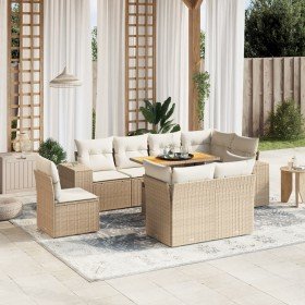 Set de sofás de jardín 9 pzas con cojines ratán sintético beige