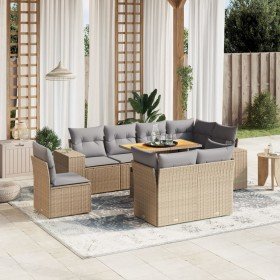 Set de sofás de jardín 9 pzas con cojines ratán sintético beige Set de sofás de jardín 9 pzas con cojines ratán sintético beige