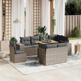 Set de muebles de jardín 9 pzas y cojines ratán sintético gris en Conjuntos de jardín | Comprar online en Foro24