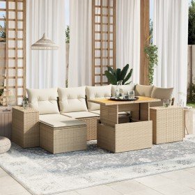 Set sofás de jardín 7 piezas y cojines ratán sintético beige
