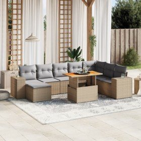 Set de sofás de jardín 9 pzas con cojines ratán sintético beige Set de sofás de jardín 9 pzas con cojines ratán sintético beige