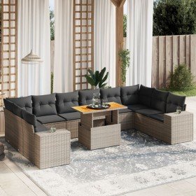 Set de sofás de jardín 11 pzas y cojines ratán sintético gris