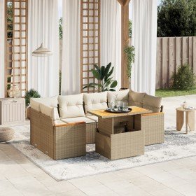 Set sofás de jardín 7 piezas y cojines ratán sintético beige