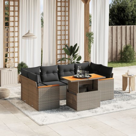 Set de sofás de jardín 7 piezas con cojines ratán PE gris