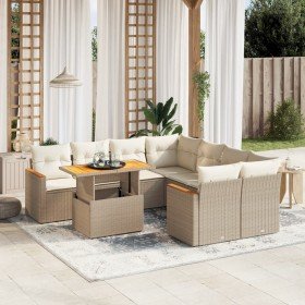 Set de sofás de jardín 9 pzas con cojines ratán sintético beige