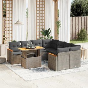 Set de muebles de jardín 9 pzas y cojines ratán sintético gris