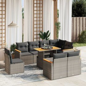 Set de muebles de jardín 9 pzas y cojines ratán sintético gris en Conjuntos de jardín | Comprar online en Foro24