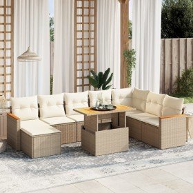 Set de sofás de jardín 9 pzas con cojines ratán sintético beige