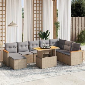 Set de sofás de jardín 9 pzas con cojines ratán sintético beige