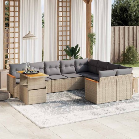 Juego de sofás jardín con cojines beige 10 pzas ratán sintético