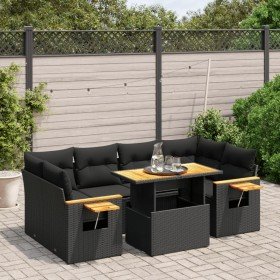 Set de comedor de jardín 7 pzas y cojines ratán sintético negro Set de comedor de jardín 7 pzas y cojines ratán sintético negro