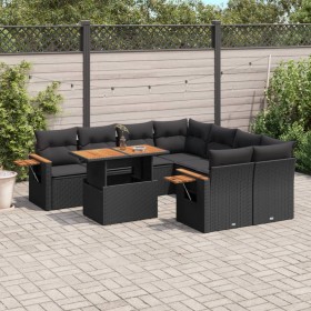 Set de sofás de jardín 8 piezas y cojines ratán sintético negro