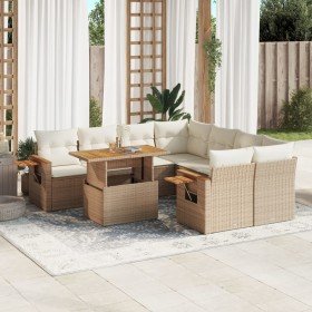 Set de sofás de jardín 9 pzas con cojines ratán sintético beige