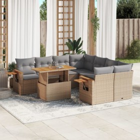 Set de sofás de jardín 9 pzas con cojines ratán sintético beige